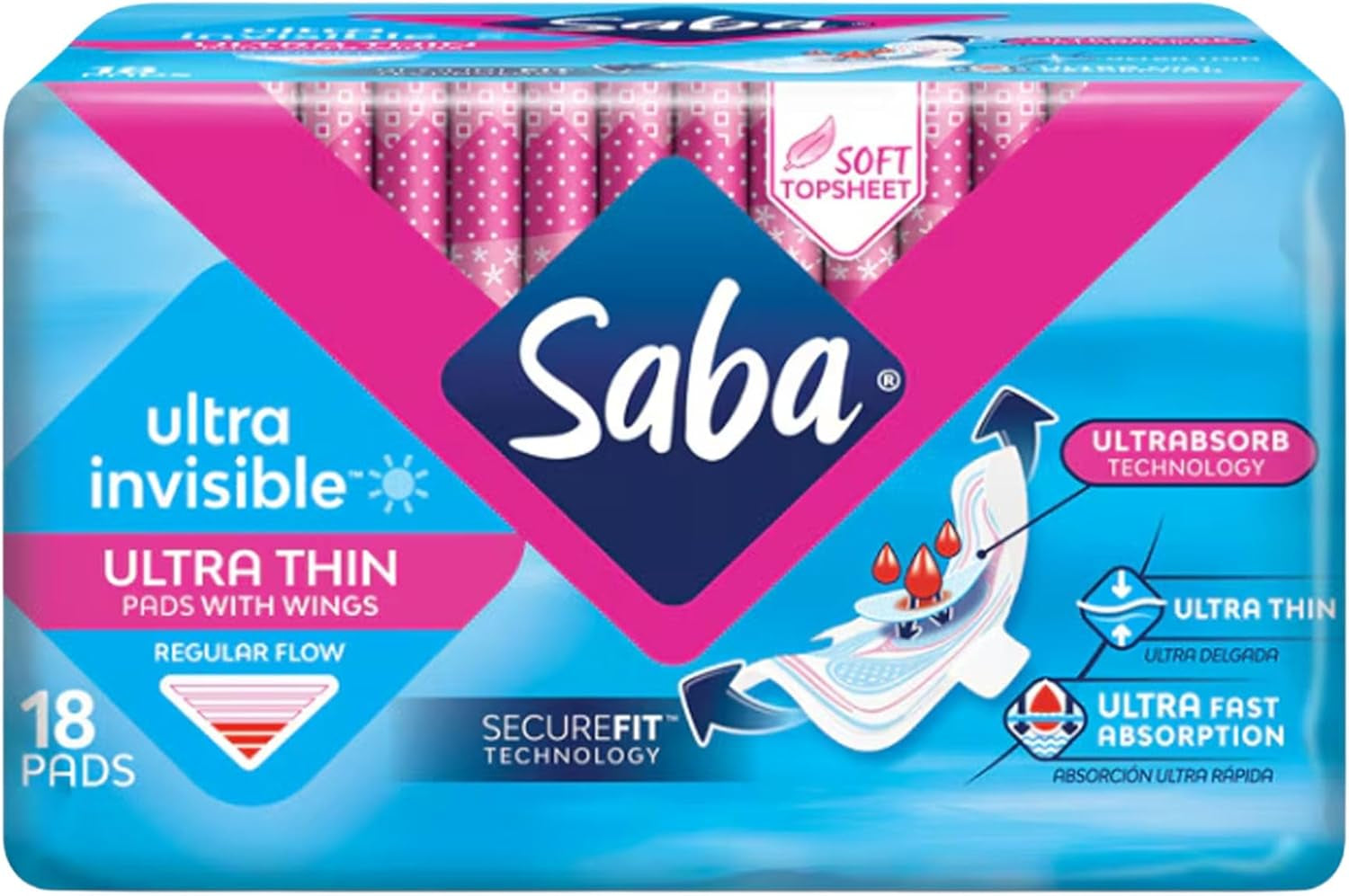 Ultra Invisible Ultra Thin Regular Pads with Wings, Securefit Technology, 3-Pack of 18 Pads (54 Count)