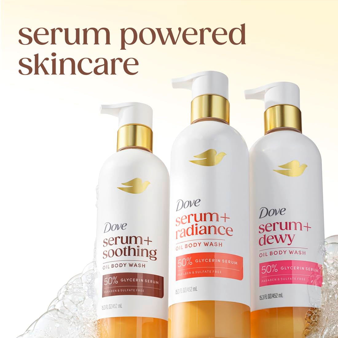 Dove Serum+ Dewy Shower Oil Body Wash, Coconut & Geranium Oil, 15.3 Fl Oz
