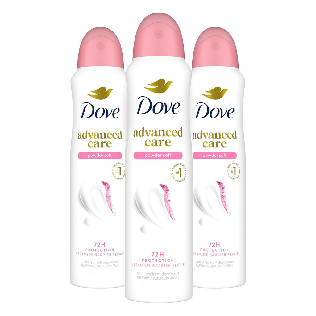 Dove Advanced Care Antiperspirant Deodorant Spray Powder Soft 3 Count to Help Skin Barrier Repair after Shaving 72 Hour Antiperspirant Deodorant for Soft Underarms with Boosted Ceramide Levels 3.8 Oz