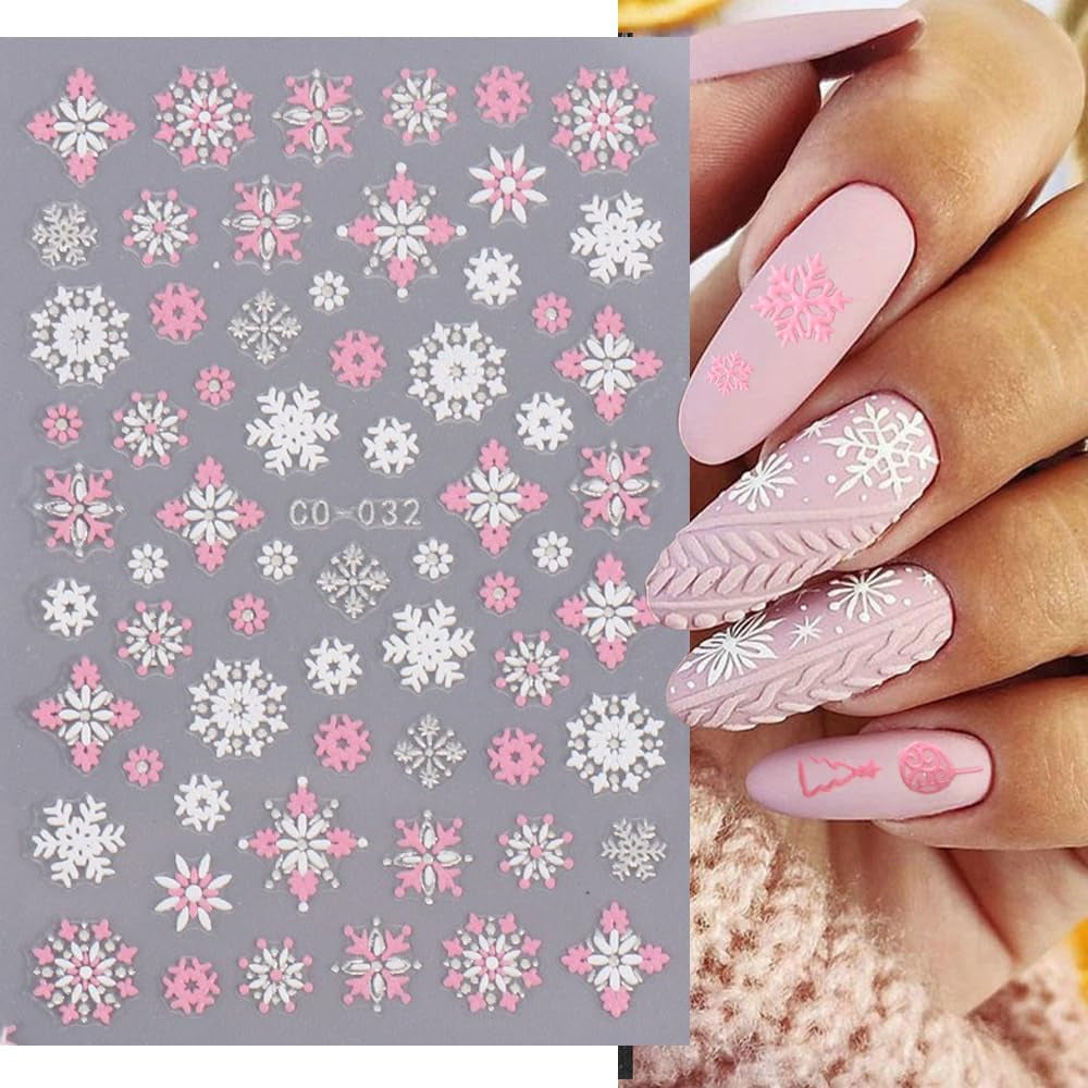 Christmas Nail Art Stickers, 8Sheets 5D Embossed Snowflake Nail Decals Pink White Snowflake Bell Elk Snowmen Xmas Tree Winter Nail Design DIY Luxurious Holiday Nail Decoration for Women Girls