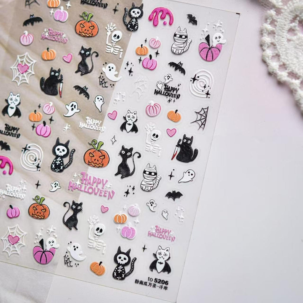 Halloween Ghost Nail Art Stickers 5D Embossed Pumpkin Nail Stickers Self-Adhesive Skull Flower Nail Decals Spider Spider Web DIY Holiday Party Nail Supplies Accessories for Women and Kids 2 Sheet
