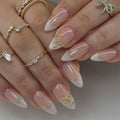 White French Tip Press on Nails Medium Almond Fake Nails with 3D Bow Acrylic Nails Design Cute Glue on Nails French False Nails Artificial Gold Line Stick on Nails Kit for Women Nail Decoration 24Pcs