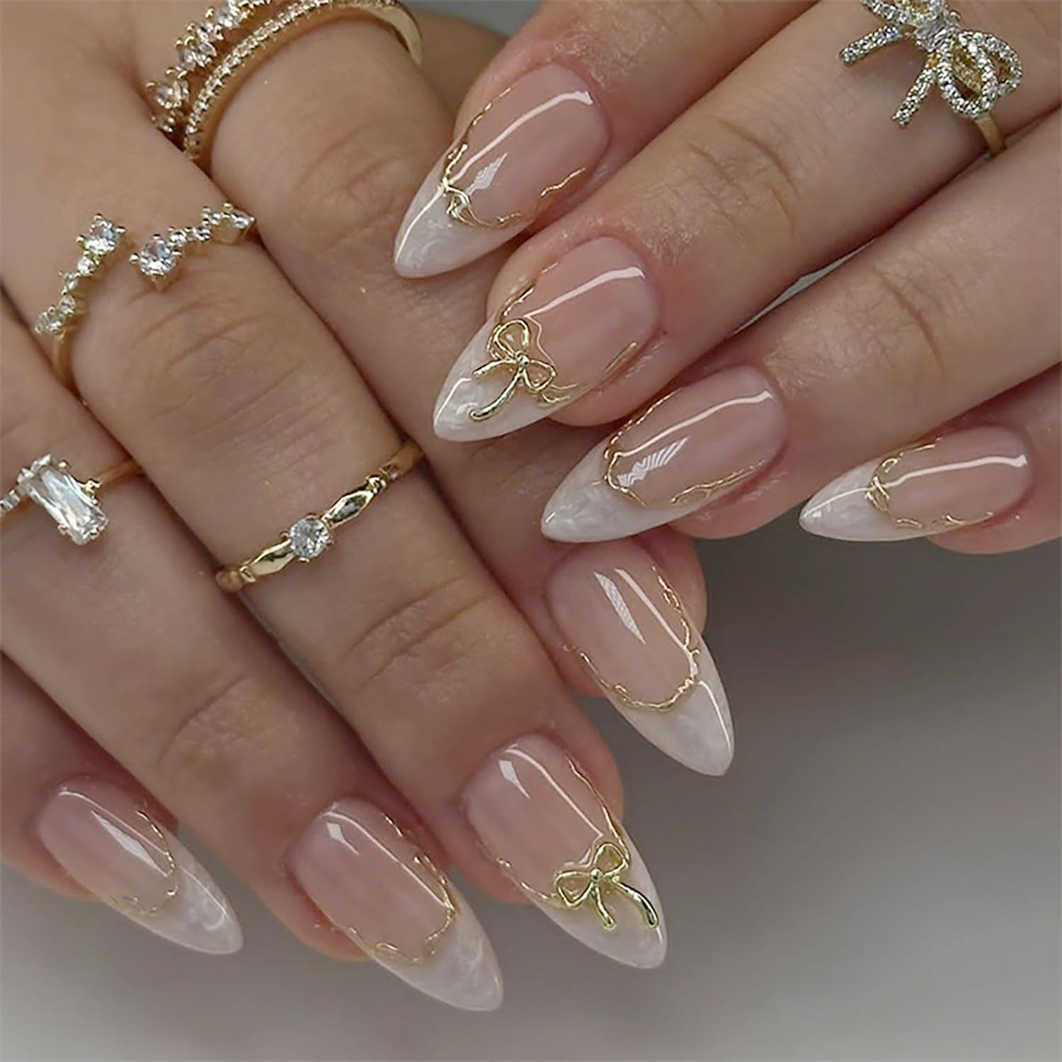 White French Tip Press on Nails Medium Almond Fake Nails with 3D Bow Acrylic Nails Design Cute Glue on Nails French False Nails Artificial Gold Line Stick on Nails Kit for Women Nail Decoration 24Pcs