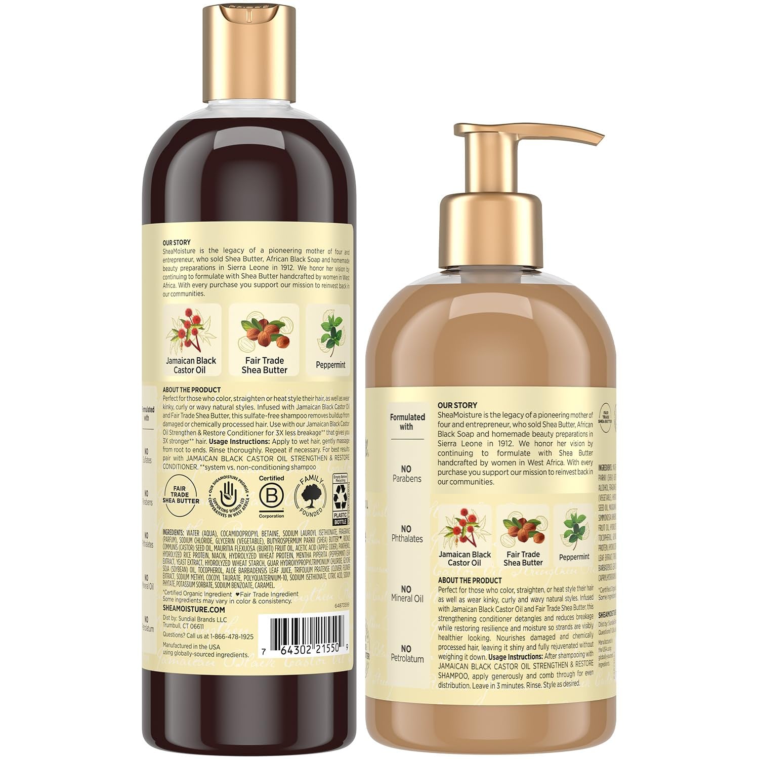 Shea Moisture Jamaican Black Castor Oil Clarifying Shampoo & Conditioner - Strengthen & Restore Sulfate-Free Shampoo & Conditioner Set with Shea Butter, ACV, and Peppermint Oil for Hair (2 Piece Set)