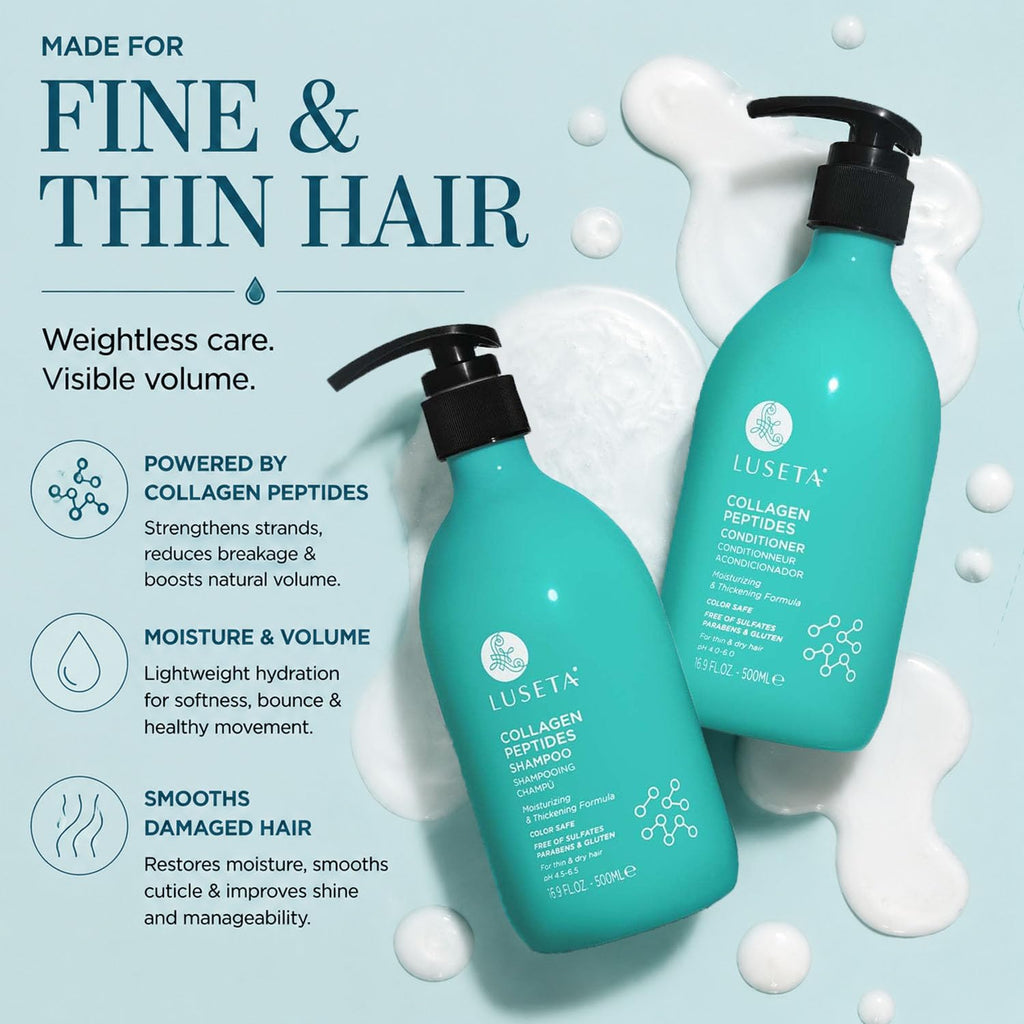 Luseta Thickening Shampoo and Conditioner Set for Thin Hair, 16.9 Oz X2 | Thickens Hair with Collagen Peptides, Strengthens, Reduces Breakage, Moisturizes Dry Hair & Improves Manageability