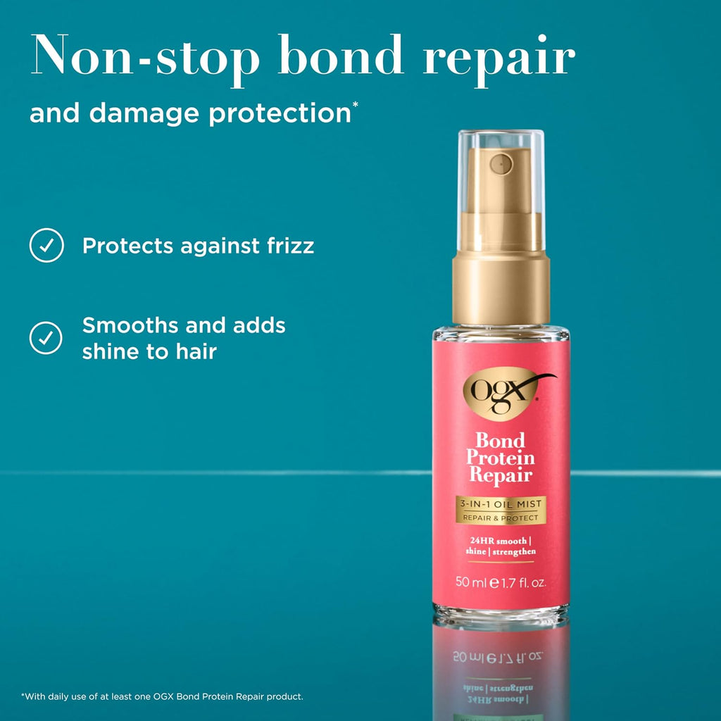 OGX Repair & Protect Bond Protein Repair 3-In-1 Oil Mist, Hair Oil Protects Dry, Damaged Hair against Frizz, Strengthens & Maintains Shine, Hair Mist Formulated without Parabens, 1.7 Oz