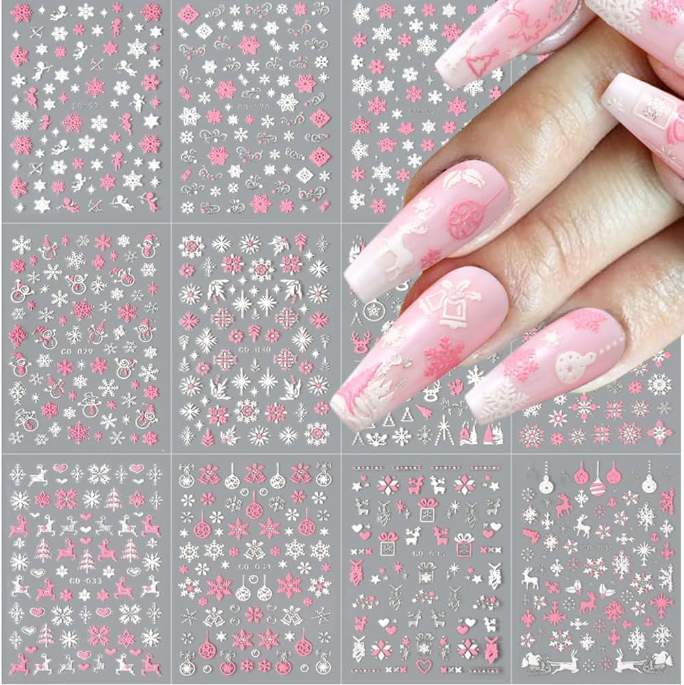 Christmas Nail Art Stickers, 8Sheets 5D Embossed Snowflake Nail Decals Pink White Snowflake Bell Elk Snowmen Xmas Tree Winter Nail Design DIY Luxurious Holiday Nail Decoration for Women Girls