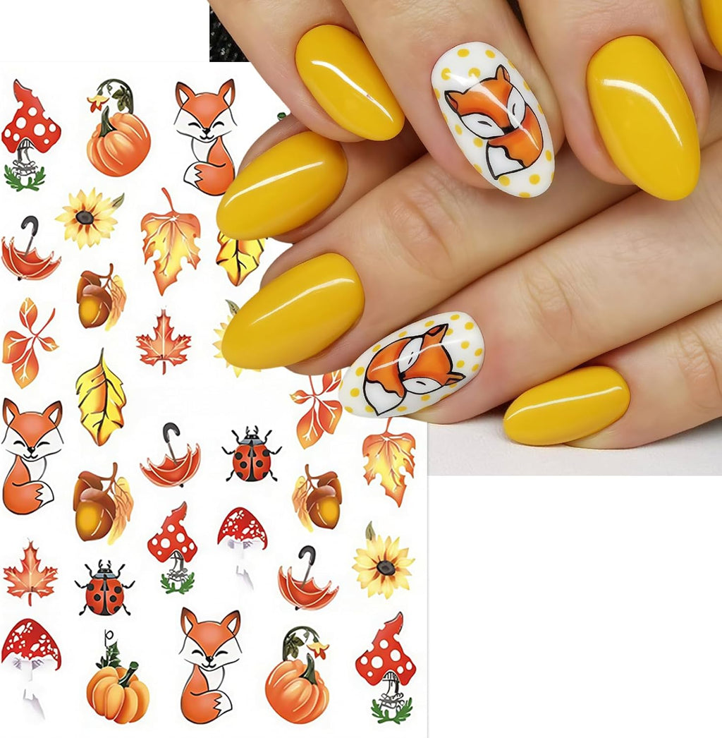 6Pcs Maple Leaf Nails Stickers,Fall Maple Leaf Nail Art Sticker Thanksgiving Pumpkin Nail Stickers for Nails Art Cute Fox Pine Mushroom Ginkgo Nail Decals Leaf Nails Design Nail Supplies for Women