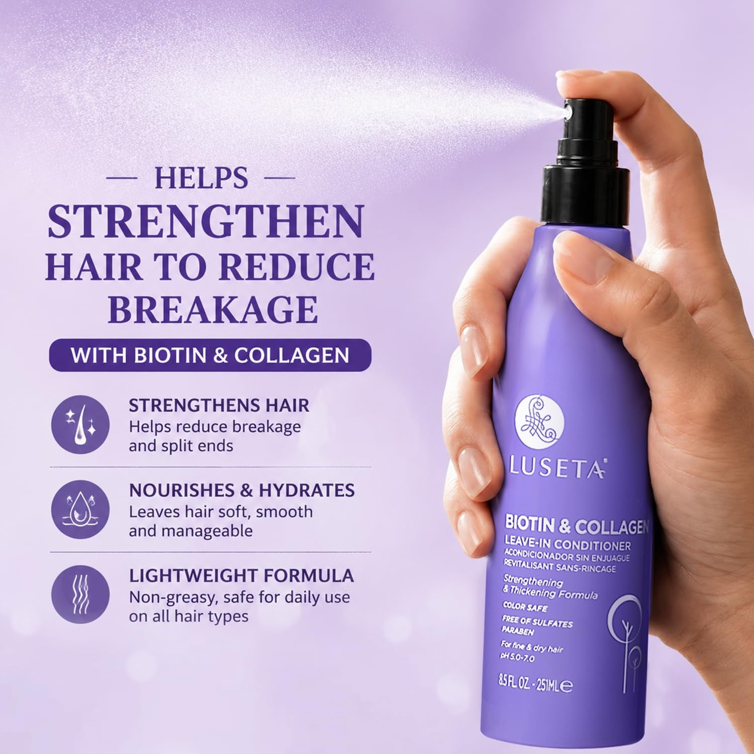 Luseta Biotin Leave in Conditioner Volumizer for Dry & Fine Hair, 8.5Fl Oz | Biotin Detangler Spray Repairs Damaged Locks, Controls Frizz, and Boosts Volume without Heavy Buildup or Grease