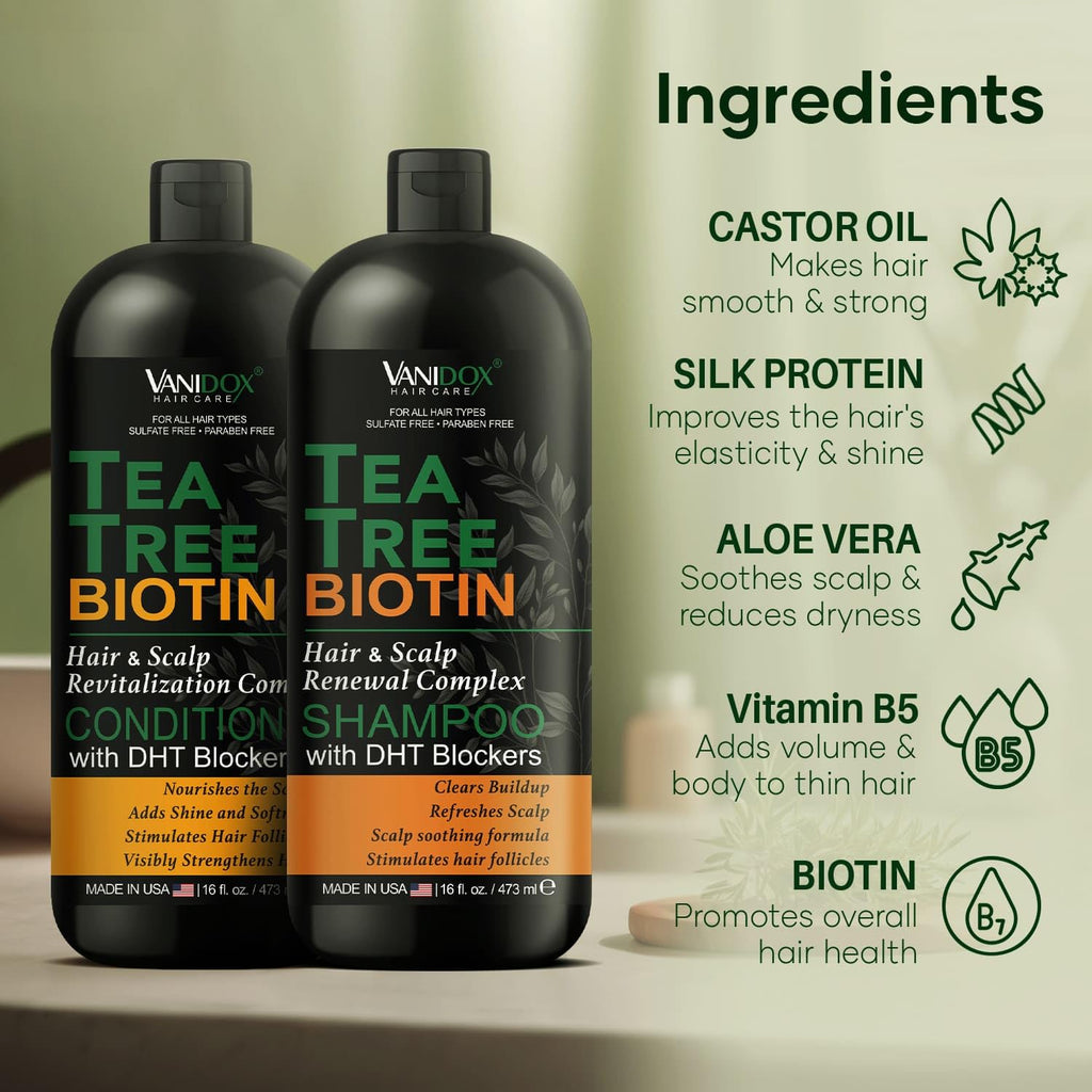 Tea Tree Oil Shampoo and Conditioner Set with Biotin, DHT Blockers, Itchy Scalp Relief, Supports Thicker-Looking Hair, Cleanses Dandruff & Buildup, for Men & Women, Made in USA, 16 Fl Oz Each