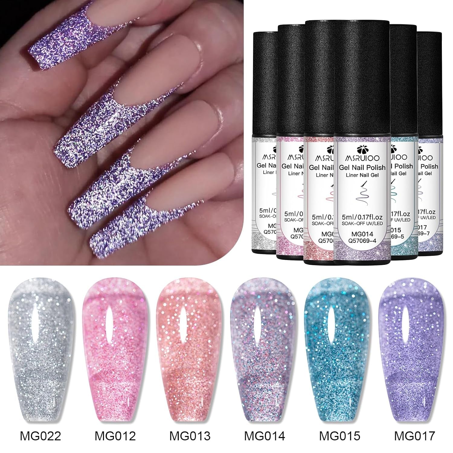 6Pcs Nail Art Gel Liner Glitter Gel Nail Polish Soak off Uv Lamp for Thin French Line Nails Manicure Nails Art Brush Paint Manicure at Home