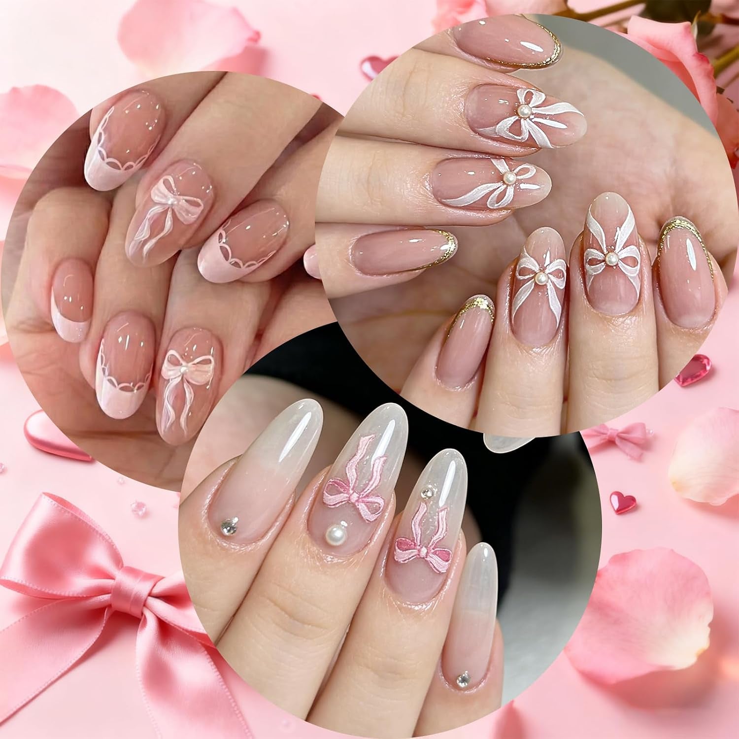 Bow Nail Stickers, 6 Sheets Aurora Shell Bow Stickers for Nails | Self-Adhesive Pink White Ribbon Bows Cute Nail Decals for Women Girl Gift Christmas Valentine'S Day Accessories Decoration