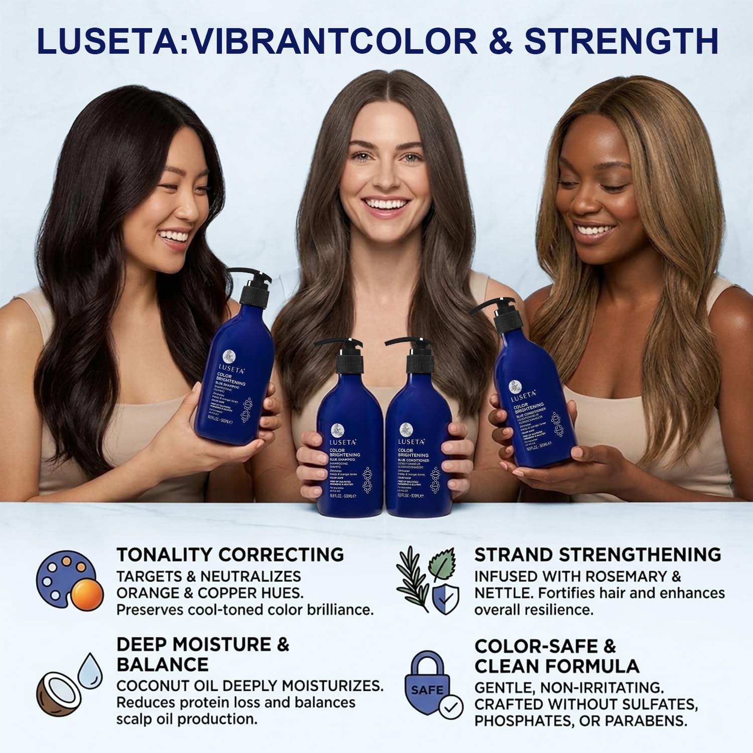 Luseta Blue Shampoo for Brassy Hair and Brunettes, Level up Tones down Orange & Copper Hues, Blue Shampoo and Conditioner for Color Treated Hair, Targets Brassy and Refresh Cool-Toned Colors 2X16.9Oz