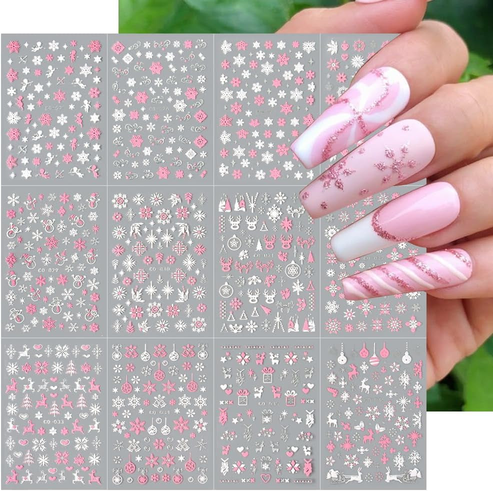 Christmas Nail Art Stickers, 8Sheets 5D Embossed Snowflake Nail Decals Pink White Snowflake Bell Elk Snowmen Xmas Tree Winter Nail Design DIY Luxurious Holiday Nail Decoration for Women Girls
