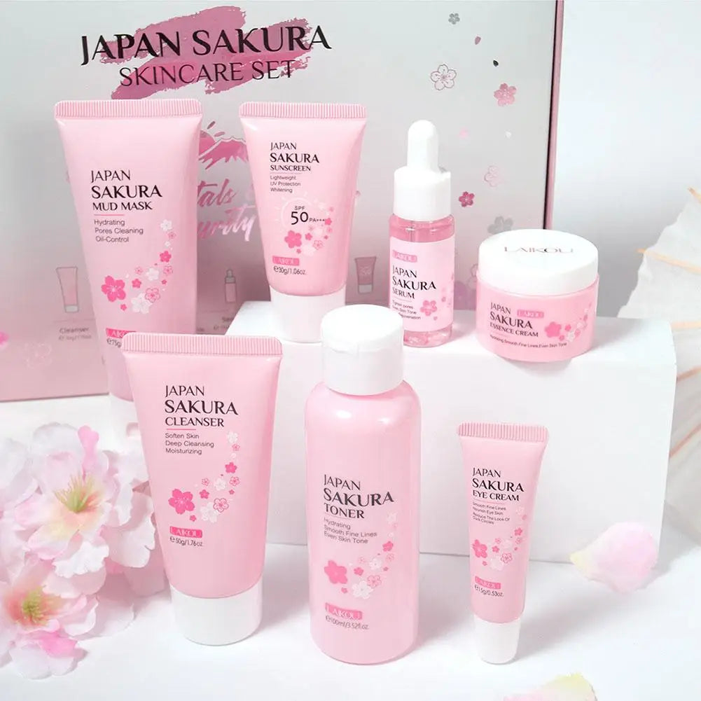 7Pcs Facial Skin Care Set Gentle Skin Cleaning Travel Skincare Set for Girls W/ Cleanser Toner Face Serum Cream Eye Cream