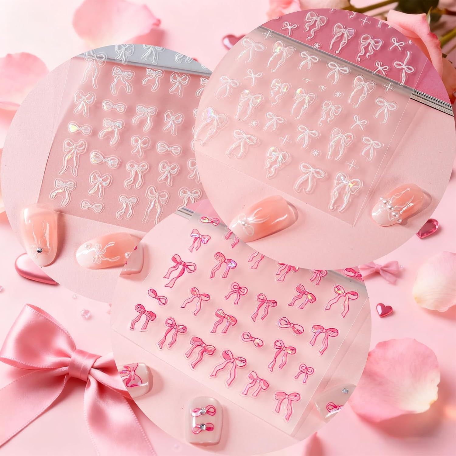 Bow Nail Stickers, 6 Sheets Aurora Shell Bow Stickers for Nails | Self-Adhesive Pink White Ribbon Bows Cute Nail Decals for Women Girl Gift Christmas Valentine'S Day Accessories Decoration