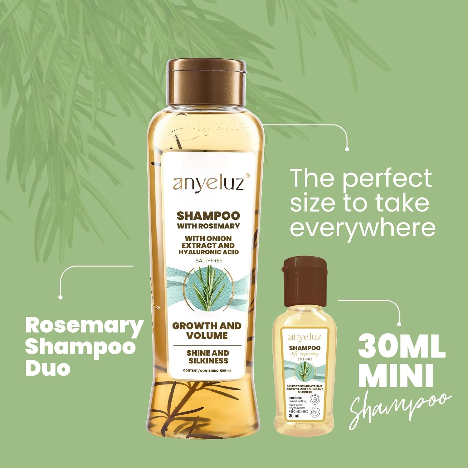 Kit Duo Rosemary Shampoo + Mini Travel Size, with Onion Extract, Hyaluronic Acid and Rosemary