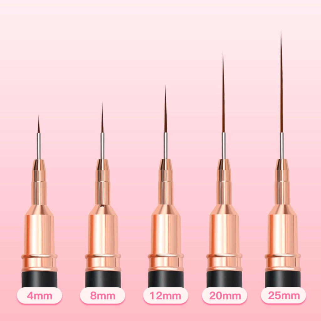 Metallic Nail Art Brushes, 5Pcs Liner Brush Set, UV Gel Polish Painting Art Design Pen for Long Lines, Thin Details, Fine Drawing Sizes 4/8/12/20/25Mm(Black)
