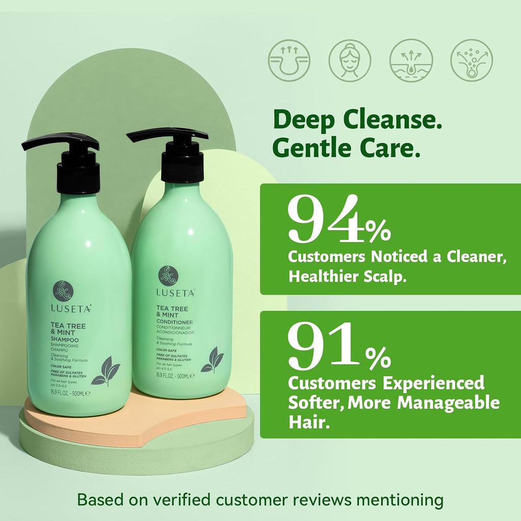 LUSETA Tea Tree Mint Shampoo and Conditioner for Hair Cleaning, Clarifying with Lavender, Tea Tree & Peppermint Oil, Soothe the Scalp, Fight Itchy, Hydrating for Women and Men, 16.8Oz*2