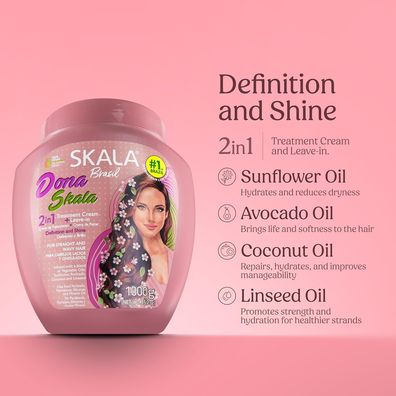 Dona 2 in 1 Treatment Cream & Leave in Conditioner for Straight or Wavy Hair, Vegan Hair Mask with Botanical Oils, Deep Hydration Mask, Softening & Smoothing Care, 1000 G (Pack of 6)