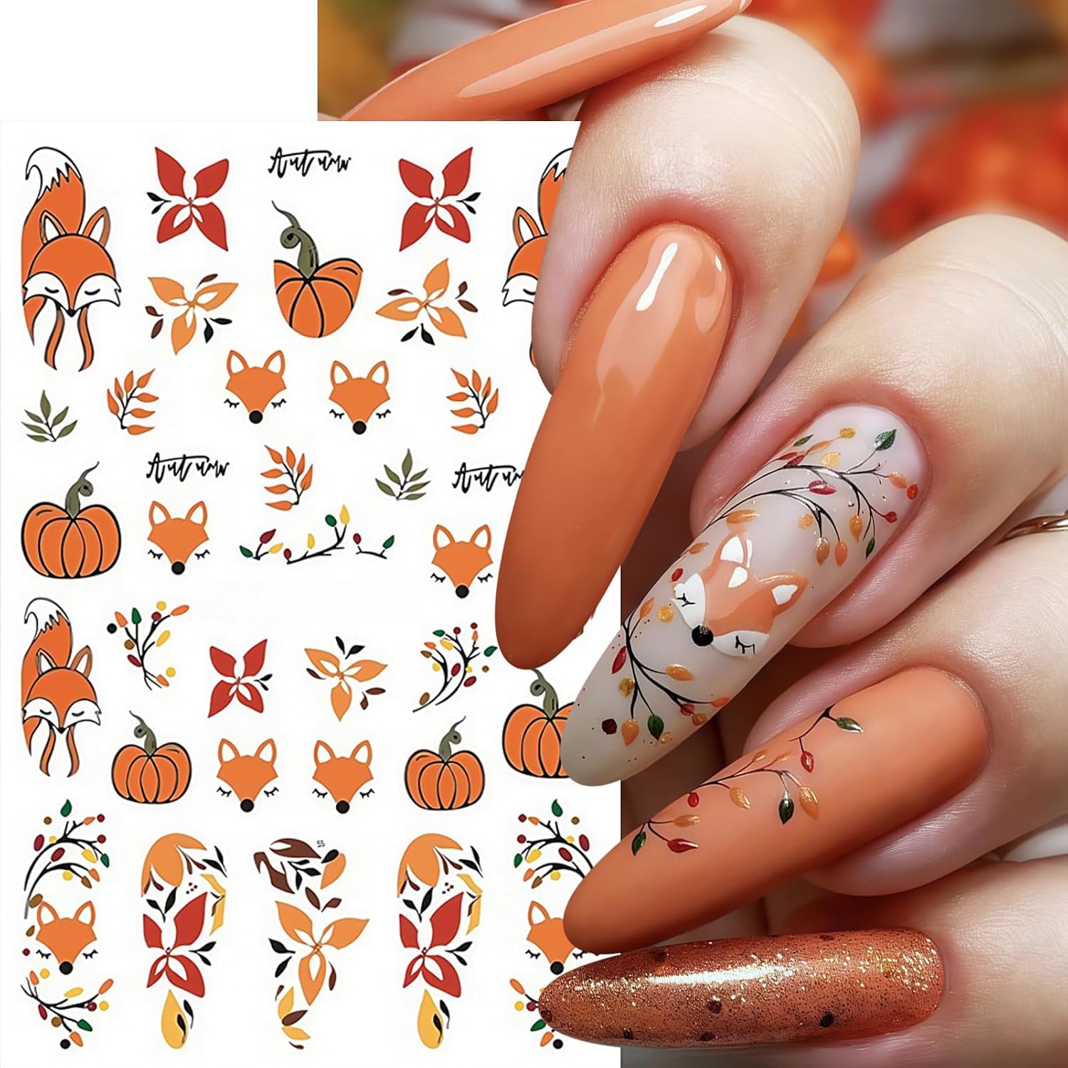 6Pcs Maple Leaf Nails Stickers,Fall Maple Leaf Nail Art Sticker Thanksgiving Pumpkin Nail Stickers for Nails Art Cute Fox Pine Mushroom Ginkgo Nail Decals Leaf Nails Design Nail Supplies for Women