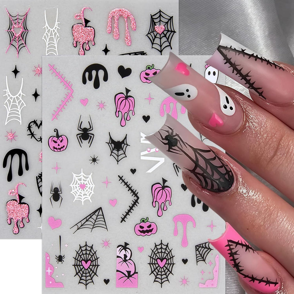8Sheets Halloween Nail Stickers for Nail Art Black White Spider Web Nail Decals Black Pink Stars Love Rhinestones Spider Design Nail Supplies Bats Nail Art Stickers for Women DIY Manicure Decorations