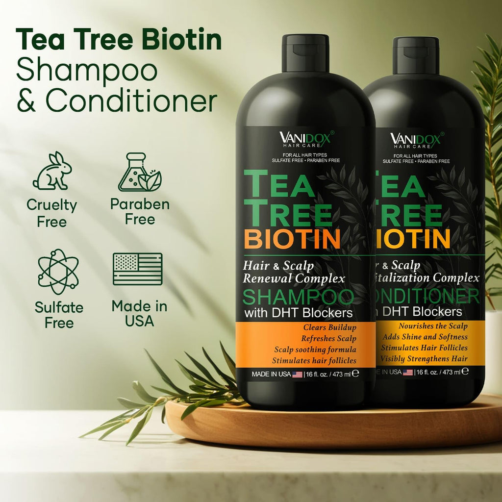 Tea Tree Oil Shampoo and Conditioner Set with Biotin, DHT Blockers, Itchy Scalp Relief, Supports Thicker-Looking Hair, Cleanses Dandruff & Buildup, for Men & Women, Made in USA, 16 Fl Oz Each