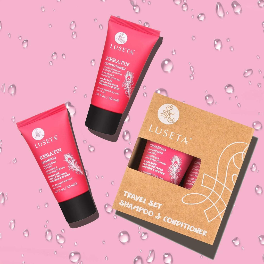 Luseta Keratin Shampoo & Conditioner Set for Damaged Hair, Smooth Care | Full & Travel Sizes (2X16.9 FL Oz + 2X1.01 FL Oz), Color Safe, Nourishing Care, Adds Shine, Sulfate Free