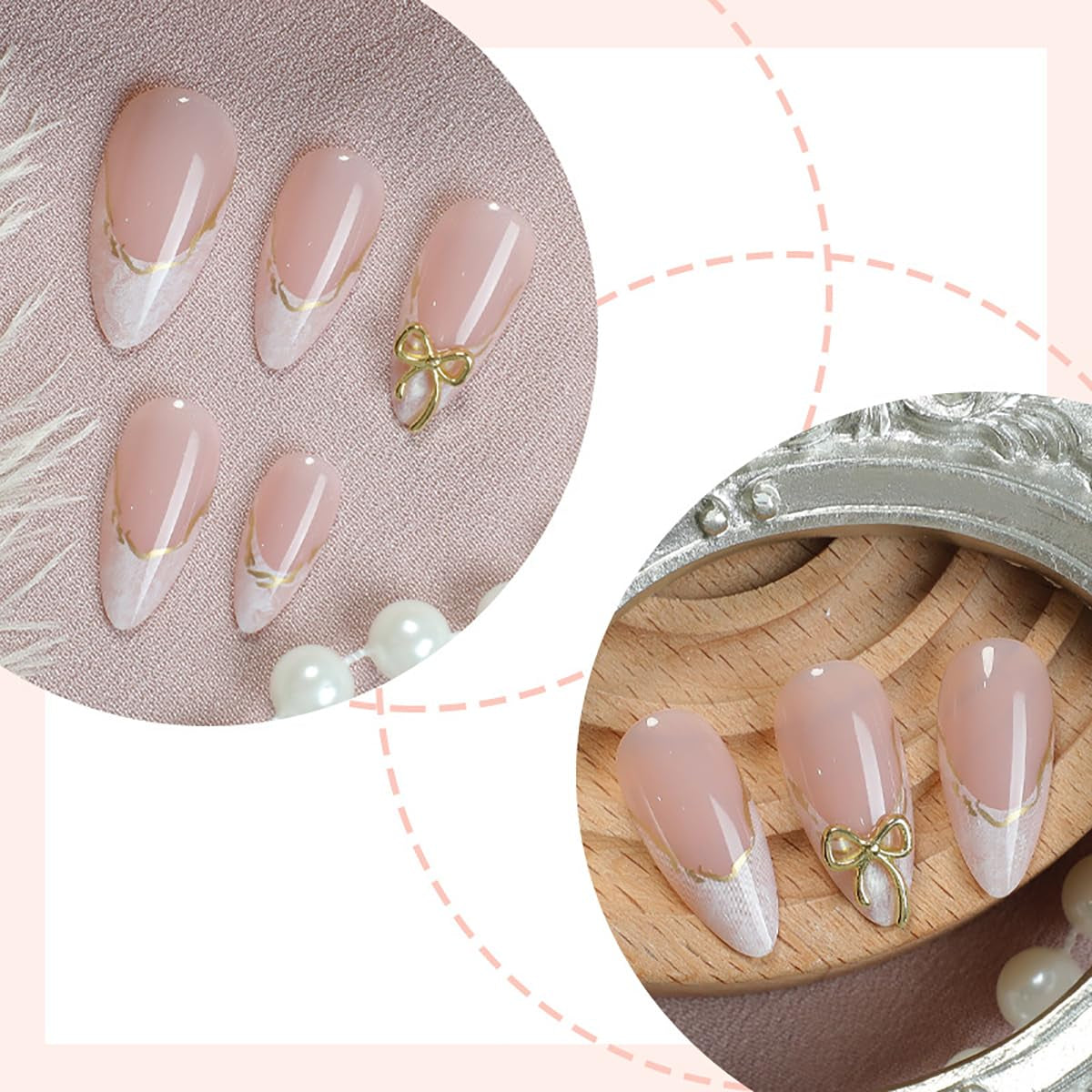 White French Tip Press on Nails Medium Almond Fake Nails with 3D Bow Acrylic Nails Design Cute Glue on Nails French False Nails Artificial Gold Line Stick on Nails Kit for Women Nail Decoration 24Pcs