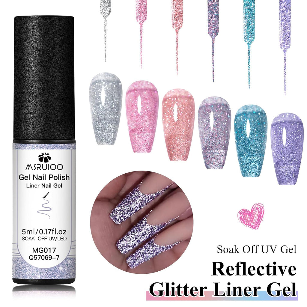 6Pcs Nail Art Gel Liner Glitter Gel Nail Polish Soak off Uv Lamp for Thin French Line Nails Manicure Nails Art Brush Paint Manicure at Home