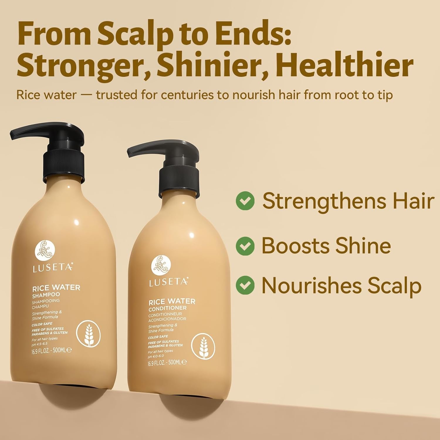 LUSETA Rice Water Shampoo and Conditioner Set for Hair Volume, Strengthening, Nourishing for Hair, Hydrating & Frizz Control, Revitalizes Shine, for All Hair Types Women and Men 16.8Oz*2