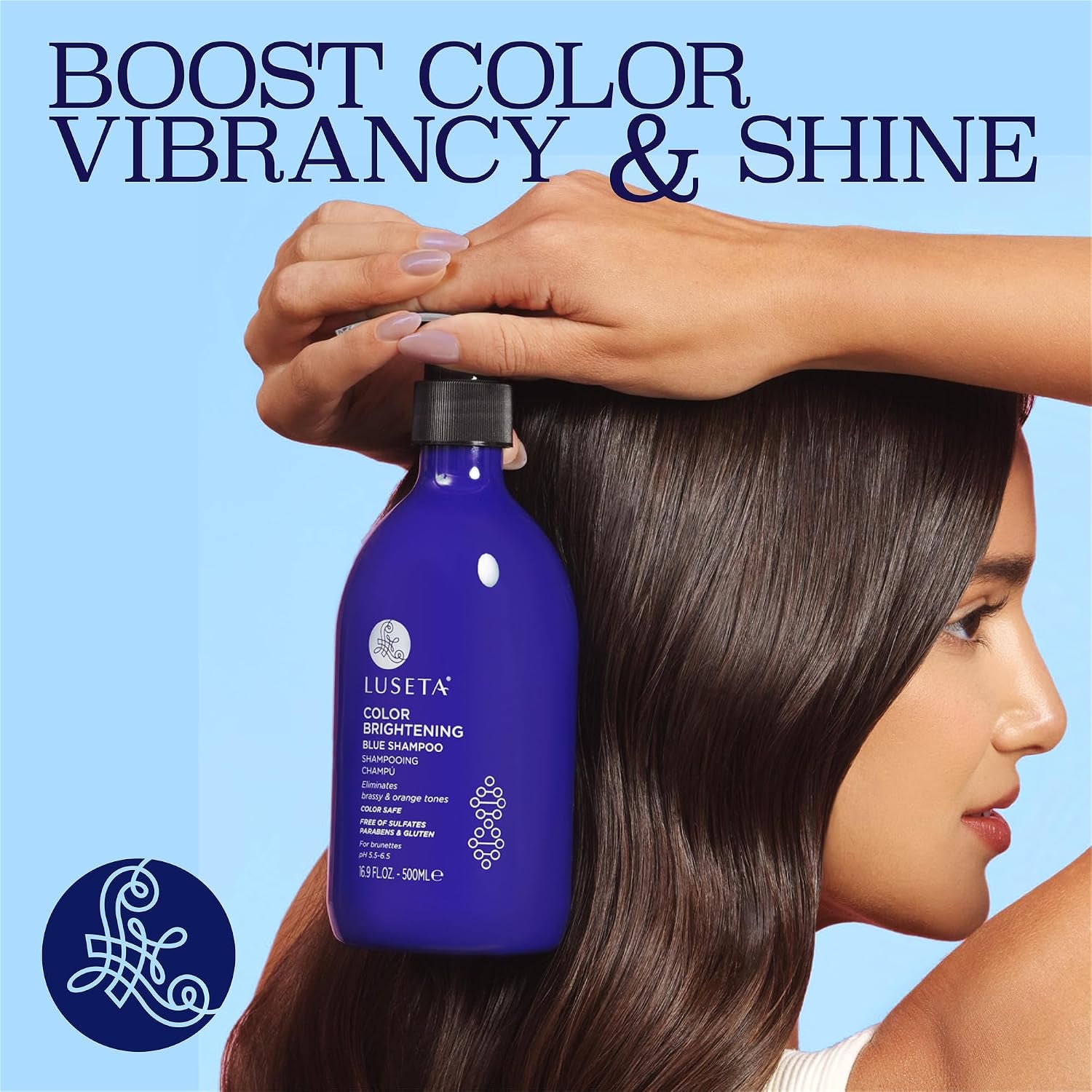 Color Brightening Blue Shampoo for Brunettes and Brassy Orange Tones, Hair Care Routine Shmapoo for Color Treated Hair, Sulfate Phosphate & Paraben Free 16.9Oz
