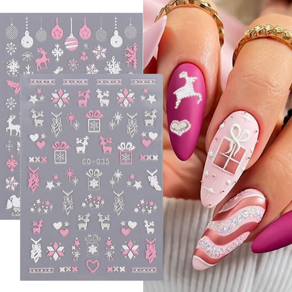 Christmas Nail Art Stickers, 8Sheets 5D Embossed Snowflake Nail Decals Pink White Snowflake Bell Elk Snowmen Xmas Tree Winter Nail Design DIY Luxurious Holiday Nail Decoration for Women Girls