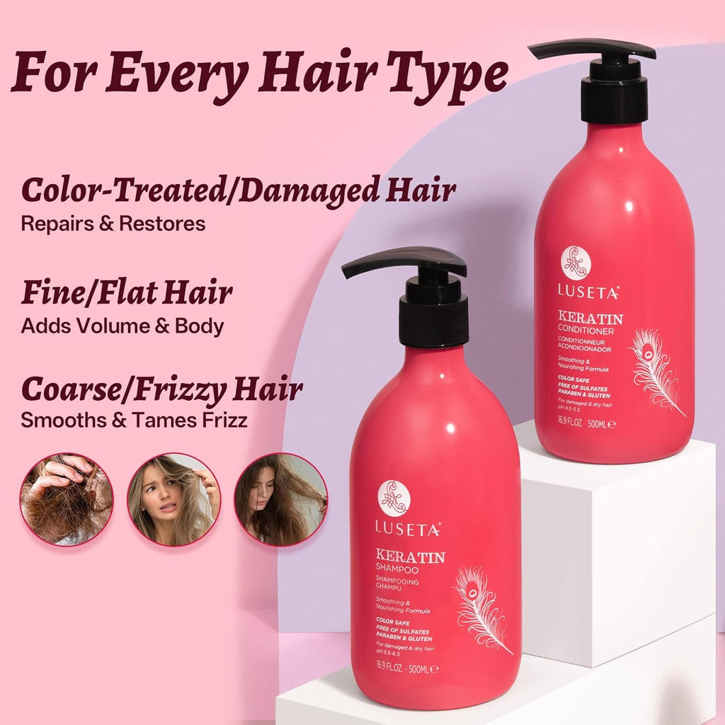 Luseta Keratin Shampoo and Conditioner Set Moisturizing Treatment for Dry Hair Smooth & Repair Damaged Hair for Women Sulfate Free 16.9 Oz
