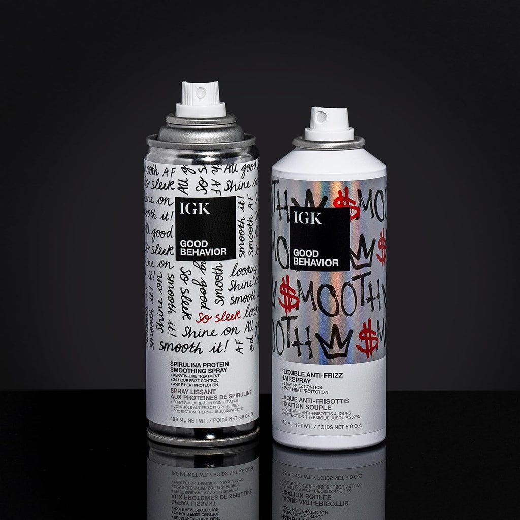 Good Behavior Hair Styling Bundle – Spirulina Protein Smoothing Spray (5.6 Oz) + Flexible Anti-Frizz Hairspray (5 Oz) – 72-Hour Frizz Control, 450°F Heat Protection, Sleek Finish & Shine
