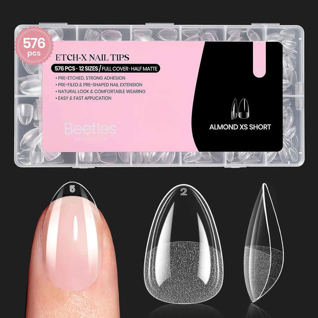 Beetles Gel Nail Tips 576Pcs Extra Short Almond Fake Nails Etch-X