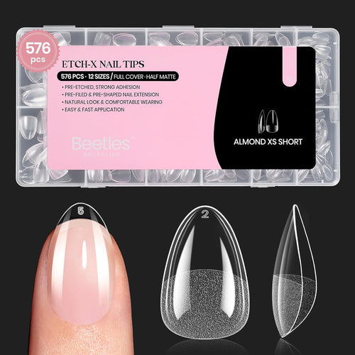 Beetles Gel Nail Tips 576Pcs Extra Short Almond Fake Nails Etch-X