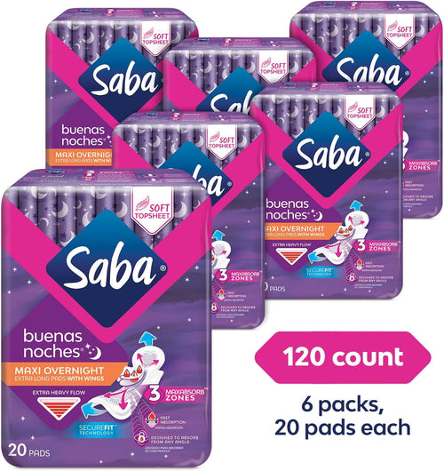 Buenas Noches Overnight Maxi Pads with Wings, Built for Absorption Distribution and Protection, 6-Pack of 20 Pads (120 Count)