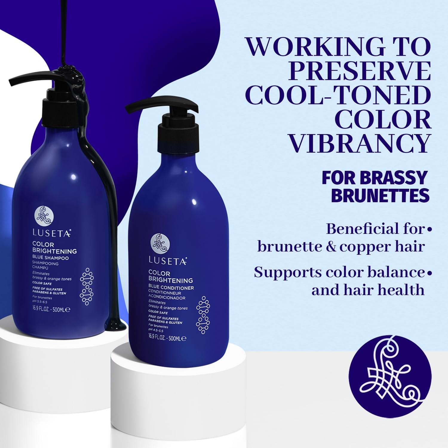 Luseta Blue Shampoo for Brassy Hair and Brunettes, Level up Tones down Orange & Copper Hues, Blue Shampoo and Conditioner for Color Treated Hair, Targets Brassy and Refresh Cool-Toned Colors 2X16.9Oz
