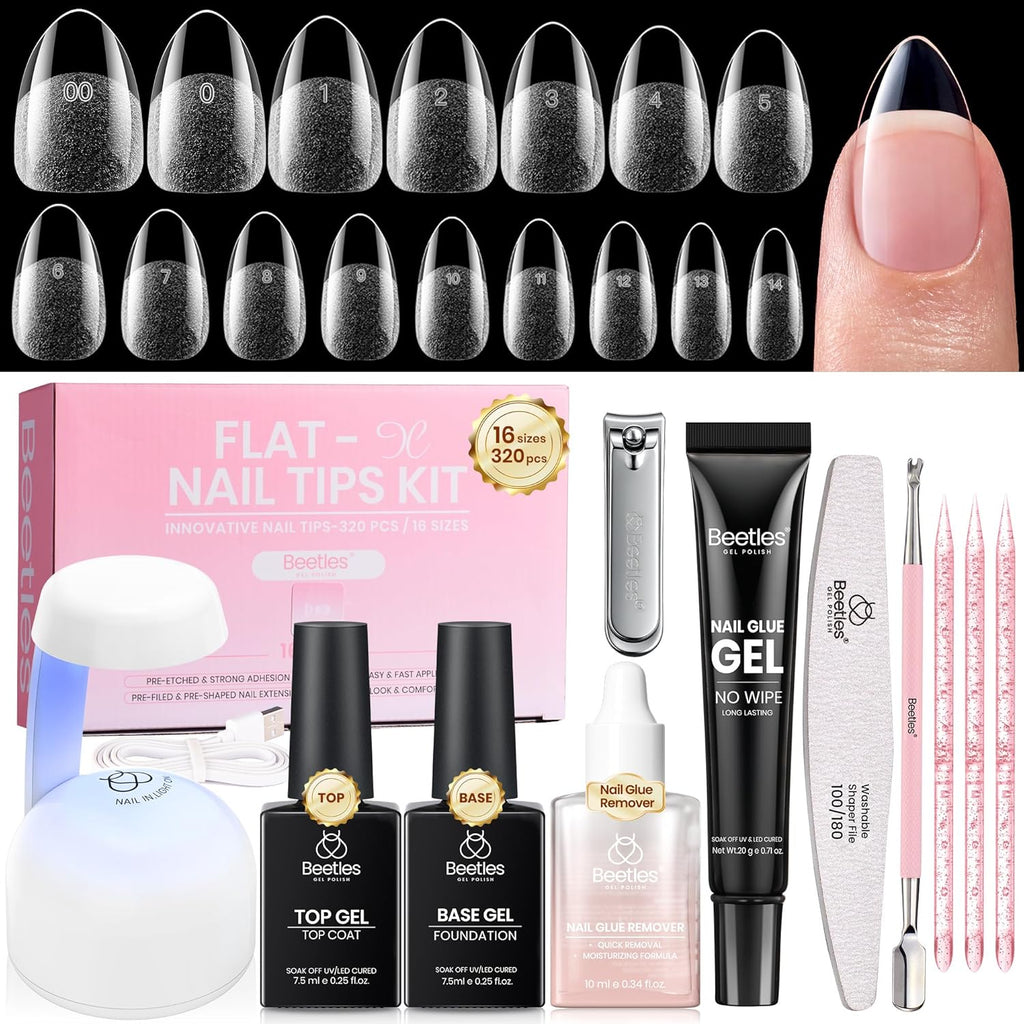 Beetles Gel Nail Kit Flat-X, Almond Short, 320Pcs 16 Sizes Nail Tips