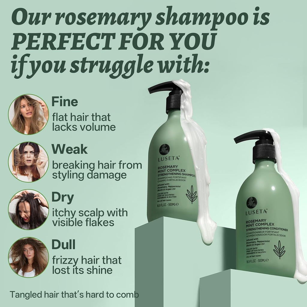 Rosemary Shampoo and Conditioner Set & Rosemary Mint Travel Shampoo and Conditioner for Dry Damaged Fine Hair Volumizing Thickening, Natural anti Frizz for Women Men (2X16.9 FL Oz+2X1.01 FL Oz)