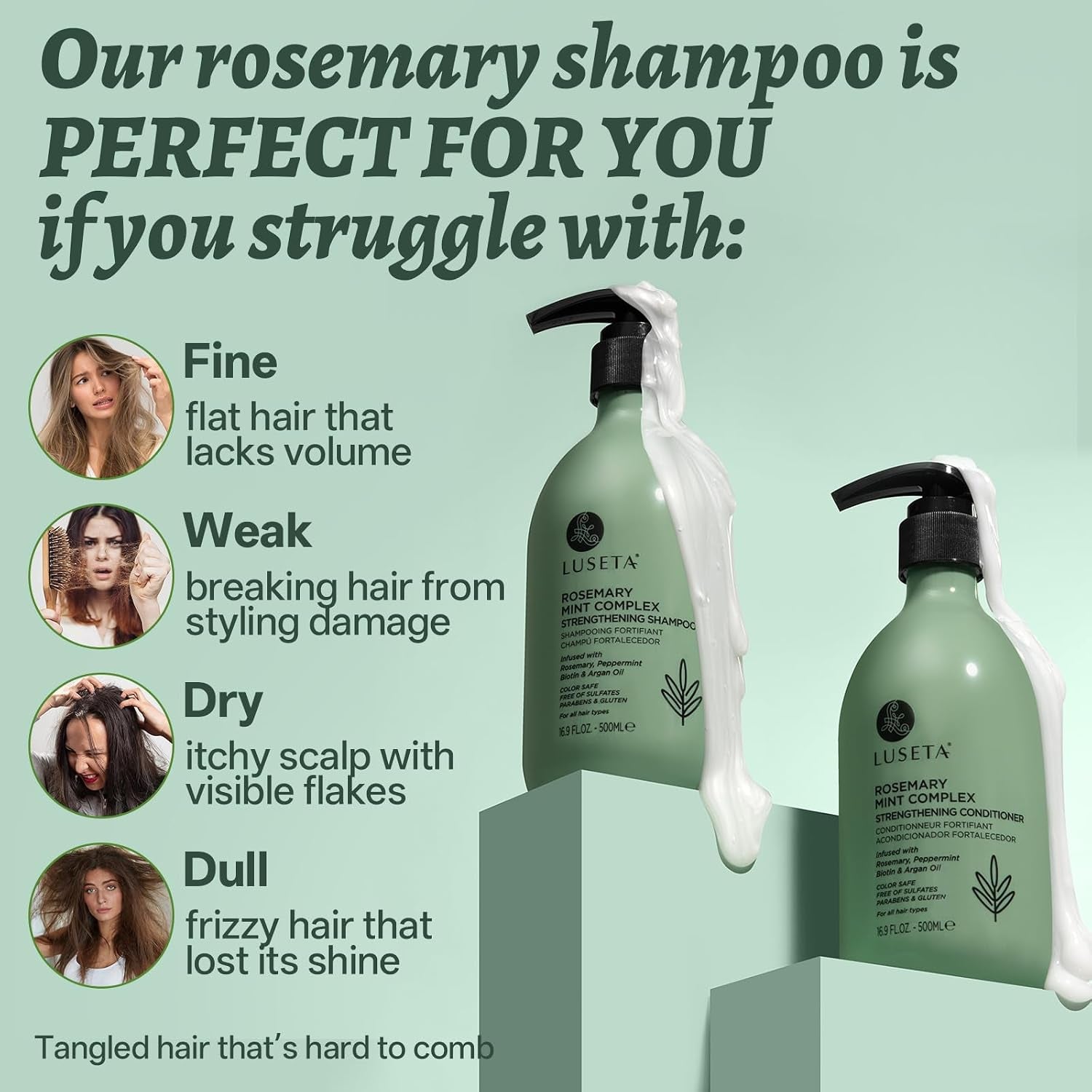 Rosemary Shampoo and Conditioner Set & Rosemary Mint Travel Shampoo and Conditioner for Dry Damaged Fine Hair Volumizing Thickening, Natural anti Frizz for Women Men (2X16.9 FL Oz+2X1.01 FL Oz)