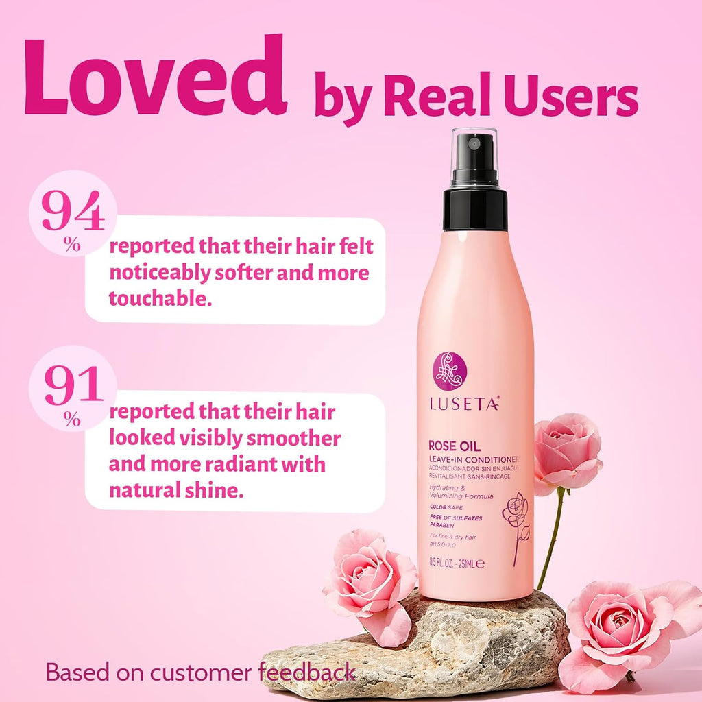 Luseta Rose Oil Leave-In Spray – Smooths Fine Hair & Adds Shine, 8.5Oz | Nourishes Fine, Dry Hair with Rose Oil, Adds Shine and Volume. Sulfate-Free, Paraben-Free, Color-Safe