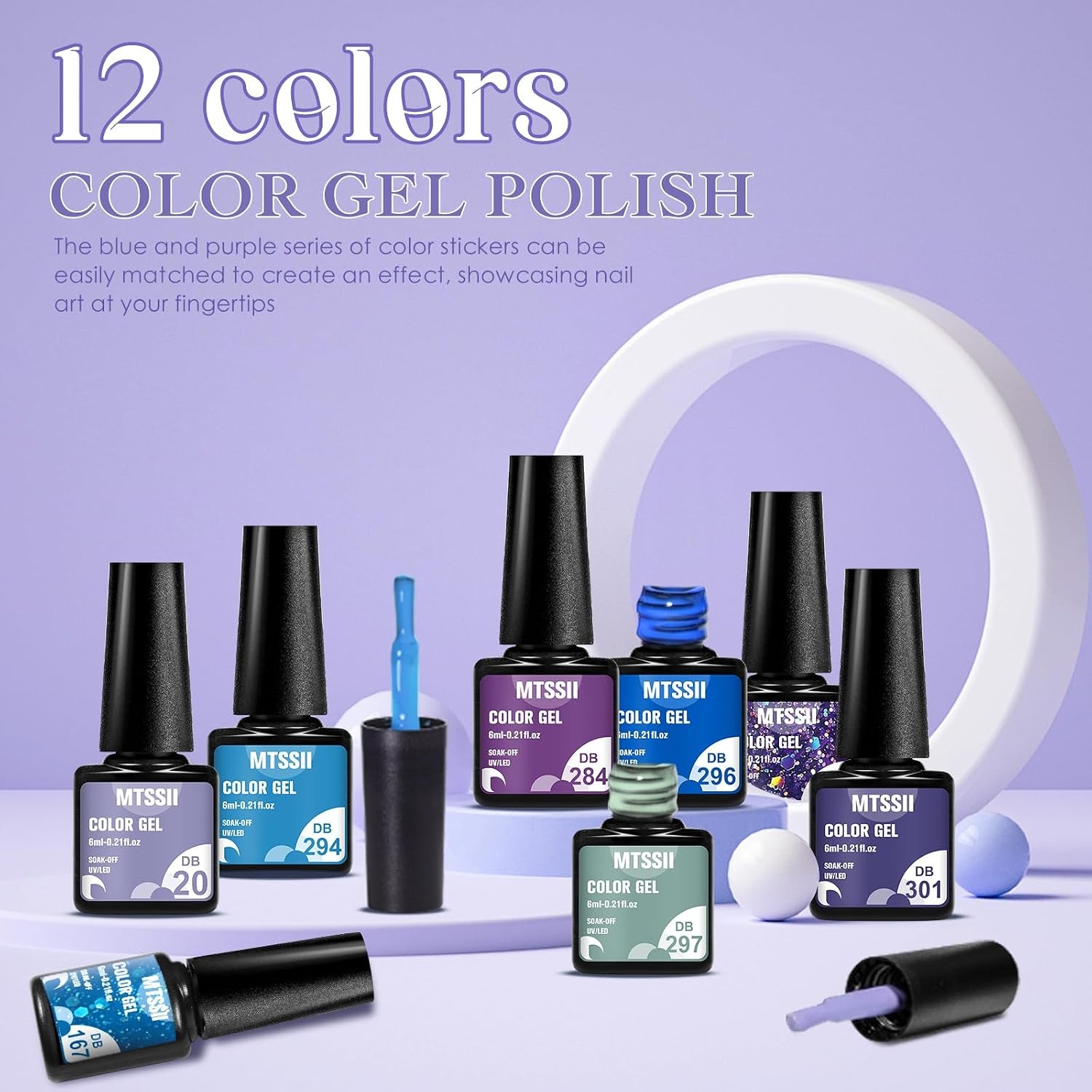 Gel Nail Polish Set 12 Colors Blue Purple Gel Polish Kit Baby Blue Lavender Dark Purple Glitter Gel Nail Polish Aquamarine Mermaid Soak off Uv LED Gel Manicure DIY Nail Home