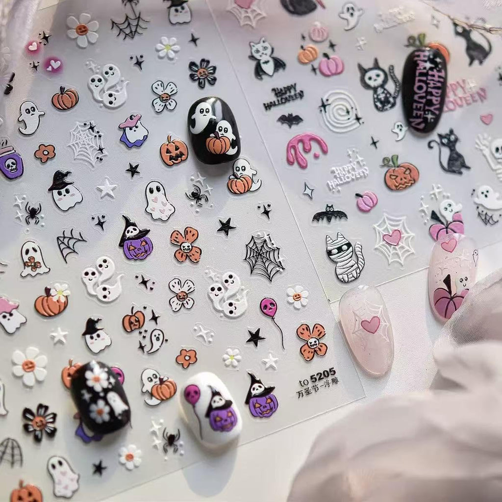 Halloween Ghost Nail Art Stickers 5D Embossed Pumpkin Nail Stickers Self-Adhesive Skull Flower Nail Decals Spider Spider Web DIY Holiday Party Nail Supplies Accessories for Women and Kids 2 Sheet