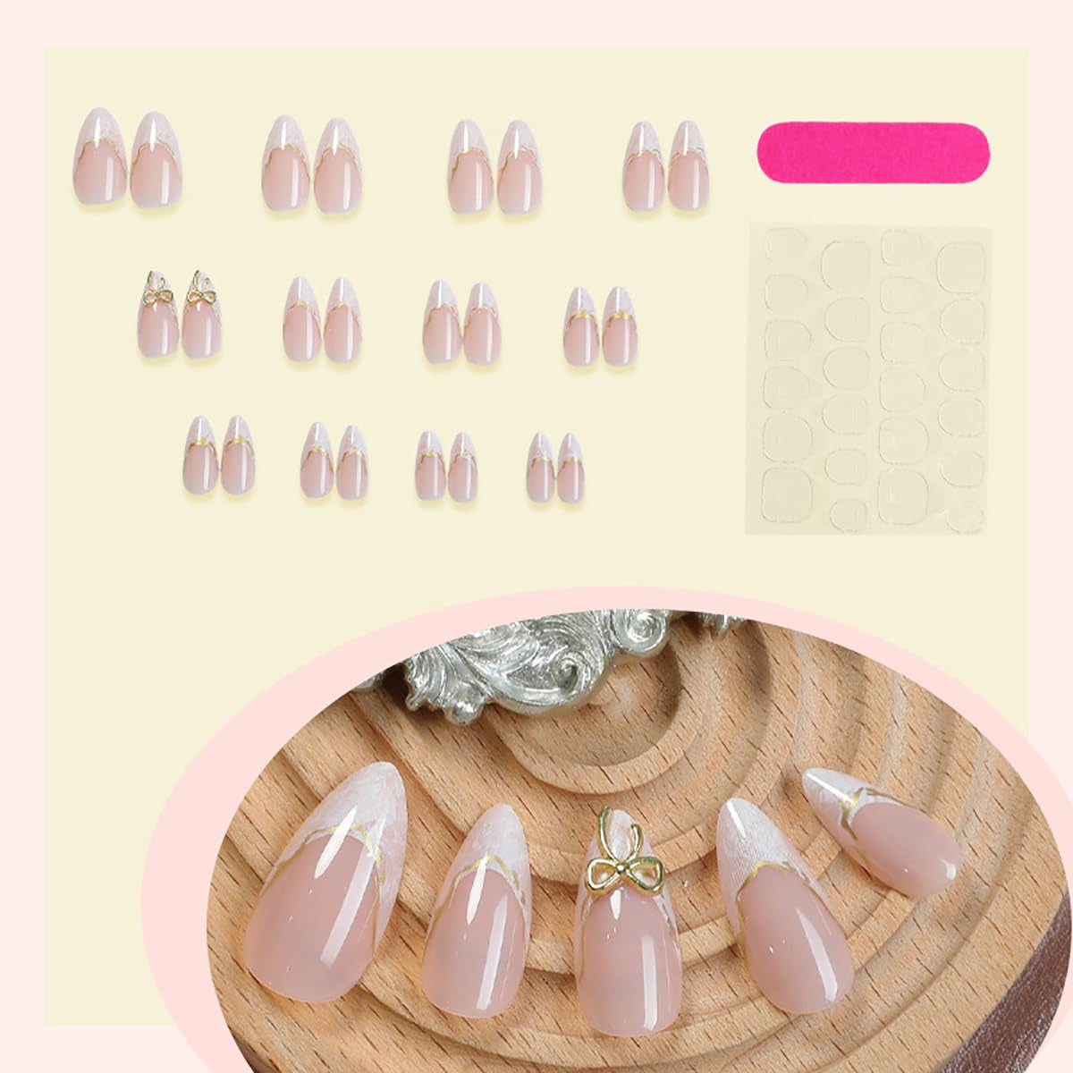 White French Tip Press on Nails Medium Almond Fake Nails with 3D Bow Acrylic Nails Design Cute Glue on Nails French False Nails Artificial Gold Line Stick on Nails Kit for Women Nail Decoration 24Pcs