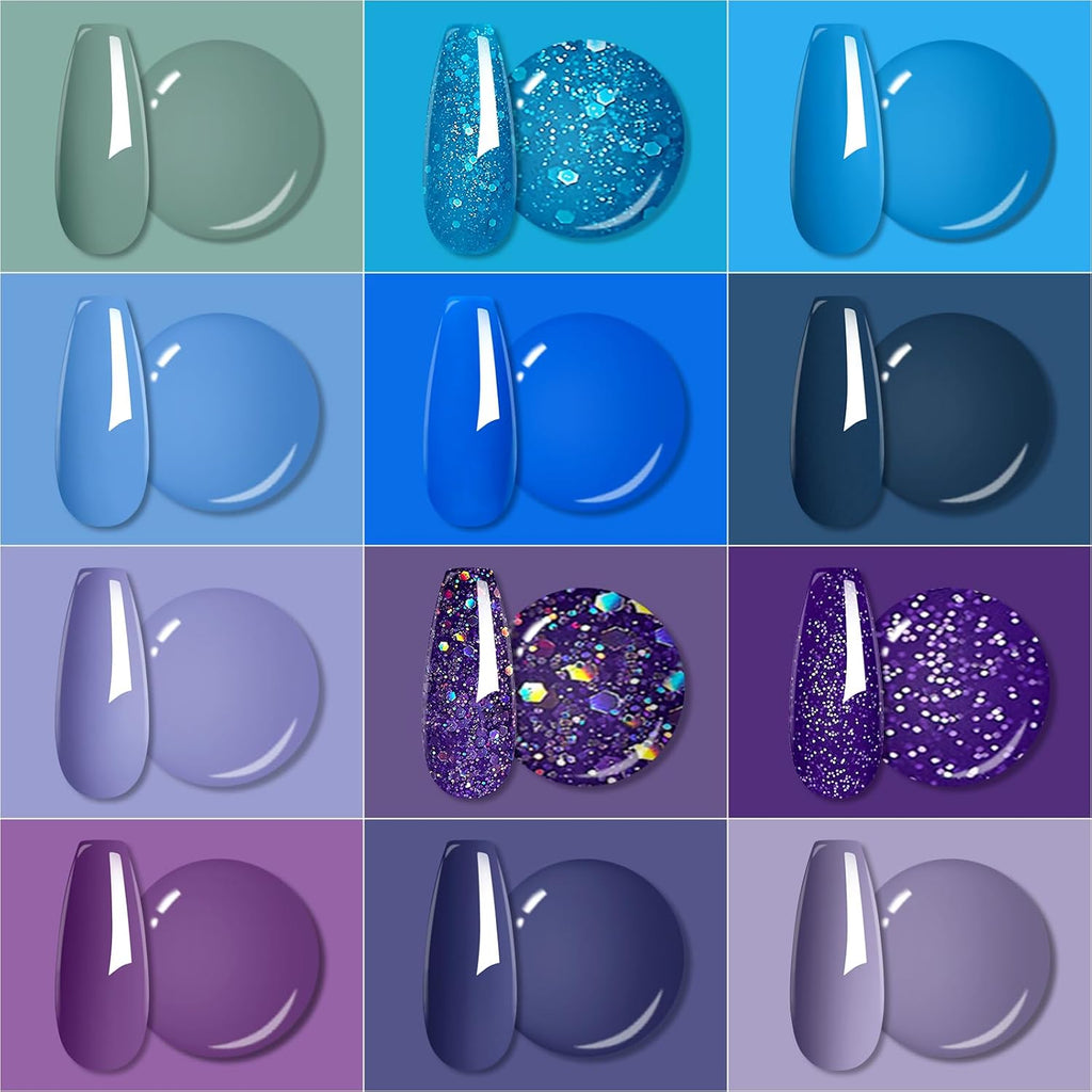 Gel Nail Polish Set 12 Colors Blue Purple Gel Polish Kit Baby Blue Lavender Dark Purple Glitter Gel Nail Polish Aquamarine Mermaid Soak off Uv LED Gel Manicure DIY Nail Home