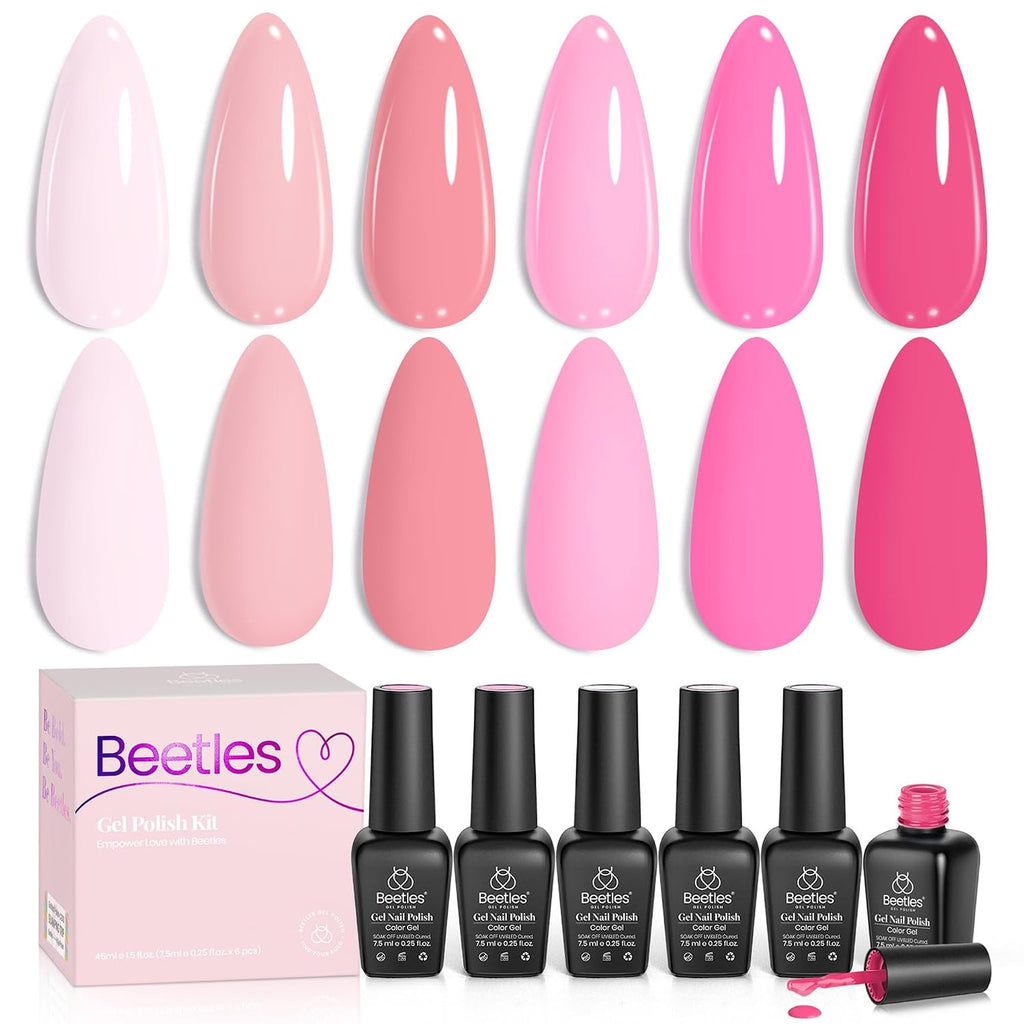 Beetles Pink Gel Polish Set, Pink Melody, 6 Colors Gel Nail Polish Set | Nude Light Hot Dark Pink Shades, Soak-Off UV LED, Long-Lasting Nails Art for Salon, Home DIY & Holiday Manicures