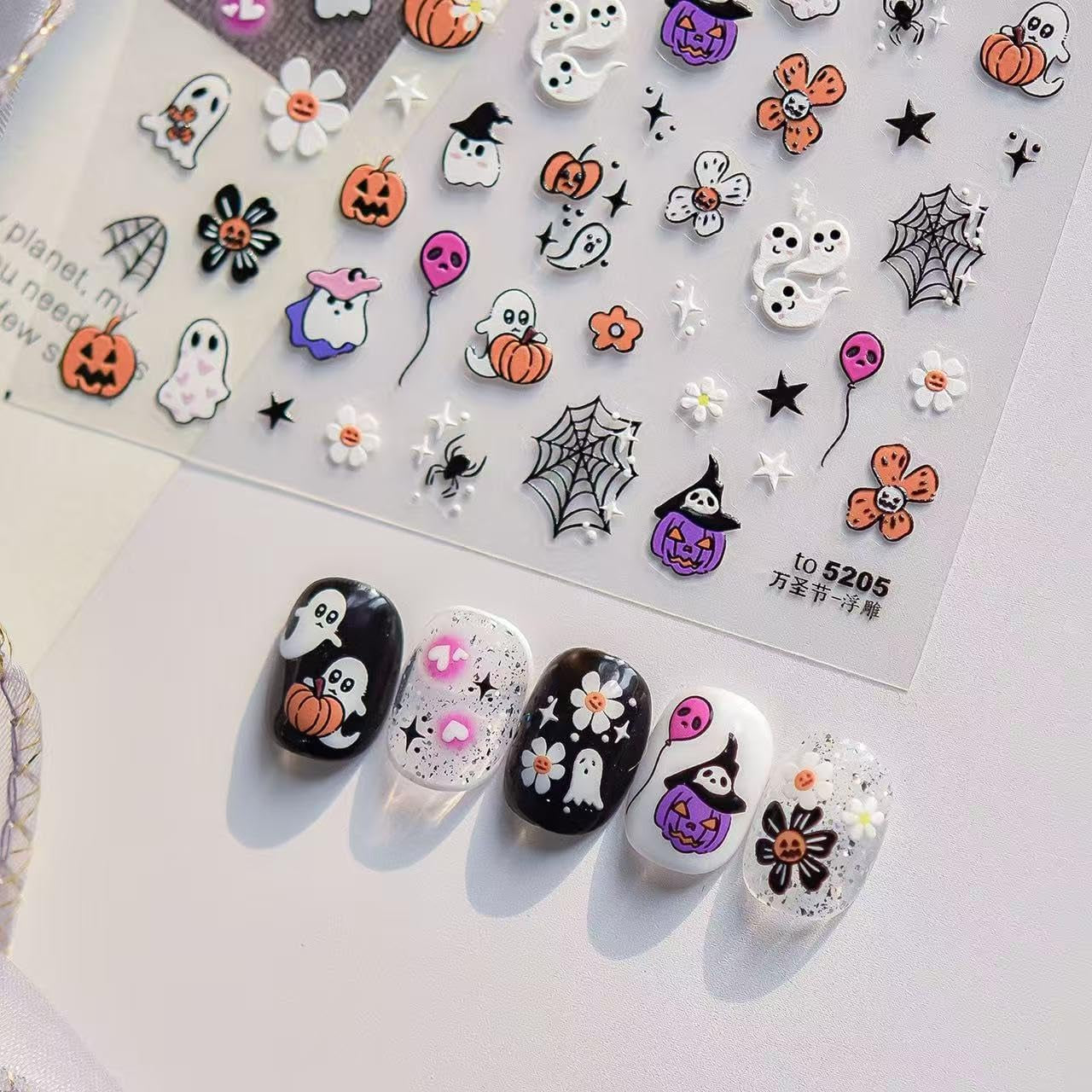 Halloween Ghost Nail Art Stickers 5D Embossed Pumpkin Nail Stickers Self-Adhesive Skull Flower Nail Decals Spider Spider Web DIY Holiday Party Nail Supplies Accessories for Women and Kids 2 Sheet