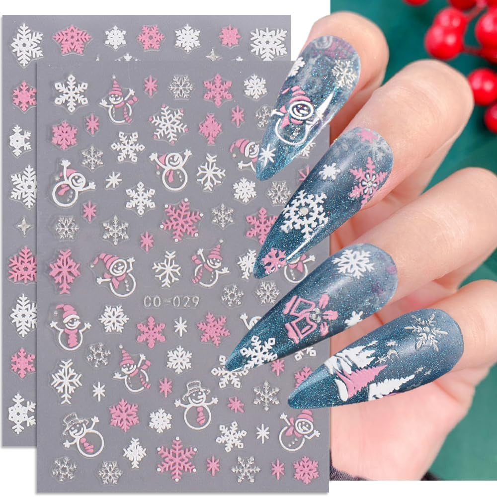 Christmas Nail Art Stickers, 8Sheets 5D Embossed Snowflake Nail Decals Pink White Snowflake Bell Elk Snowmen Xmas Tree Winter Nail Design DIY Luxurious Holiday Nail Decoration for Women Girls